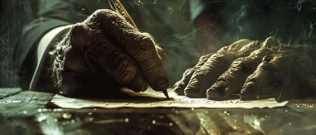 Closeup of a monstrous hand signing a pivotal business contract