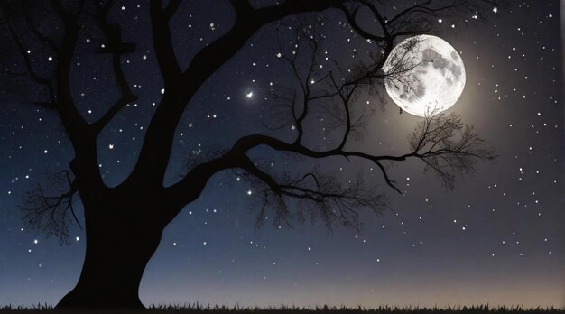 Photo a closeup of the moon and a scattering of stars framed by the silhouette of a tree