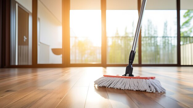 Closeup of a mop on a light hardwood or laminate floor in front of a large window