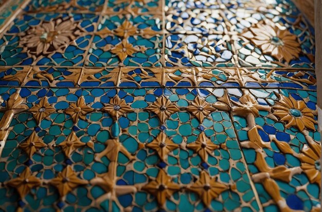 Closeup of a mosques intricately designed ceramic tiles