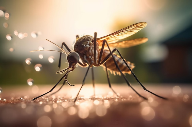 Closeup mosquito on human skin Created using generative AI tools