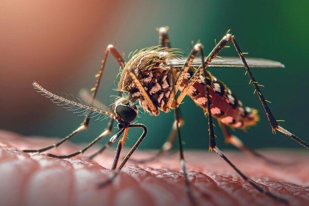 Photo closeup of a mosquito on human skin highlighting a nuisance for social media generative ai