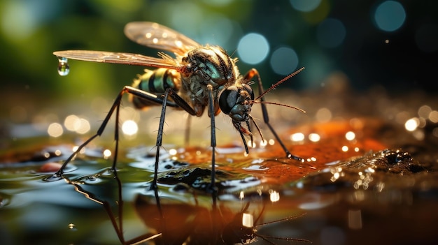 Близкий взгляд на комара в пышной среде