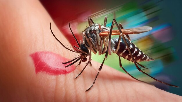 Closeup of mosquito sucking blood from human arm