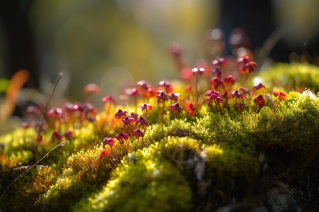 背景に鮮やかでカラフルな花を持つ太陽の下での苔のクローズアップ