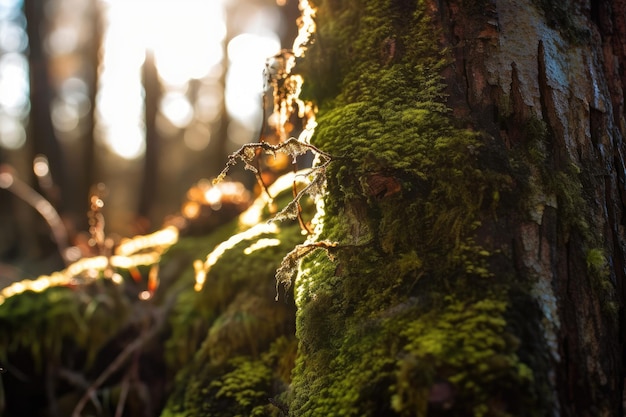 Closeup of moss on a tree trunk with the sun shining through