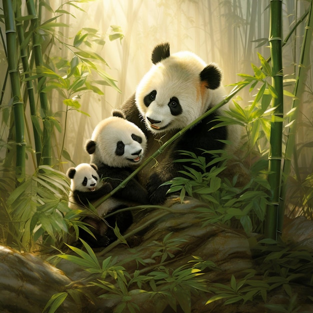 Closeup of a mother panda bear cradling her cubs in the forest