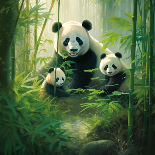Closeup of a mother panda bear cradling her cubs in the forest