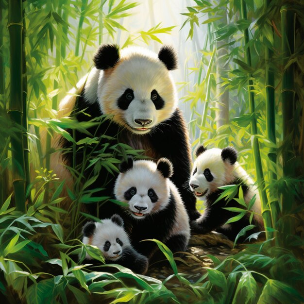 Closeup of a mother panda bear cradling her cubs in the forest