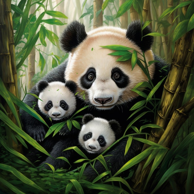 Closeup of a mother panda bear cradling her cubs in the forest