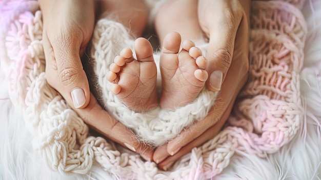 Closeup of a mother39s hands holding a newborn baby39s feet in the shape of a heart symbolizin