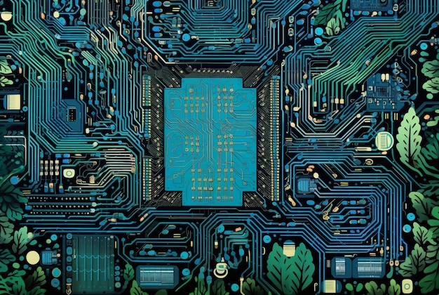 A Closeup of motherboard processor and chips in the style of light amber and green