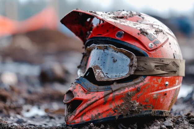 Closeup of motocross helmet and goggles in the mud