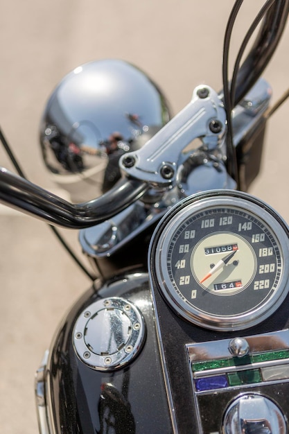 Closeup of motorcycle speedometer with selective focusing