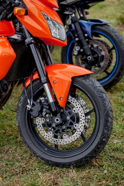 Closeup motorcycles parked on the motorcycles parking lot