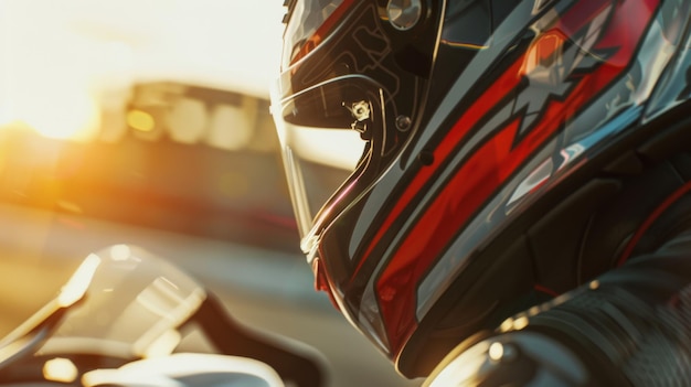 Closeup of a motorcyclist helmet with sun flare embodying speed and adventure