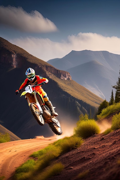 Closeup of a mountain motocross on a mountain track