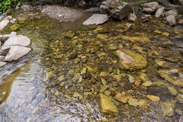 Closeup of mountain water with stones in the rivermountain river rapids with fast water and large rocky boulders in the water and the massive rocks