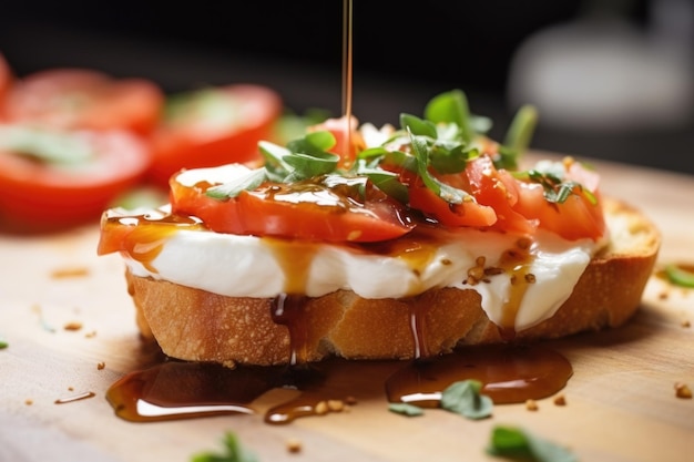 Closeup of mozzarella melting on top of a warm bruschetta