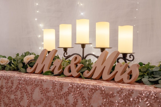 Closeup of a Mr Mrs sign on a table at a wedding