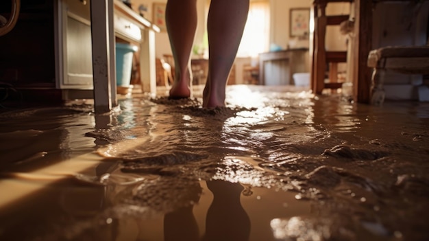 A closeup of muddy footprints in a flooded home tells the story of a familys desperate attempt to