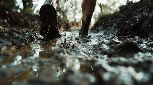 Клоуз-ап обуви для бега по грязной тропе в действии Клоус-ап зафиксирует динамическое движение обуви, проскальзывающей через грязную лесную тропу
