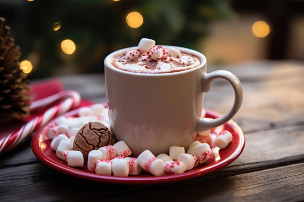 A closeup of a mug of hot cocoa with marshmallows and a candy cane