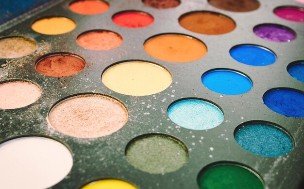 Closeup of multicolored cosmetic powder for professional makeup artist