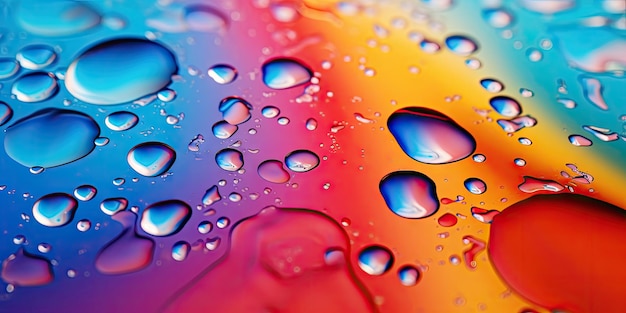 Closeup multicolored drops of water on surface water in the wallpaper for banner postcard book illustration card ai generative
