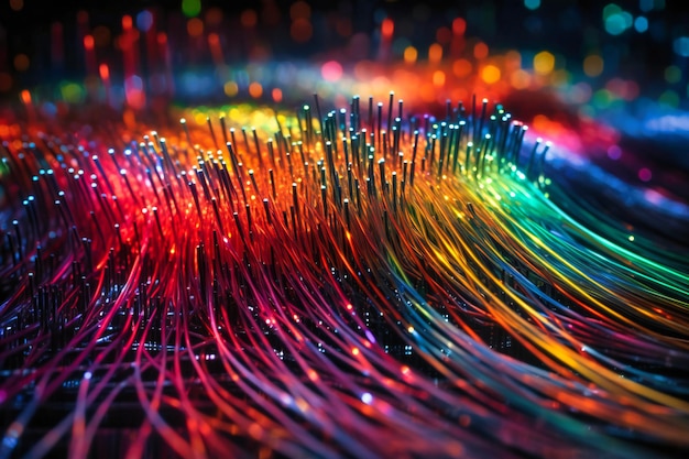 Closeup of multicolored fiber optics weaving through computer hardware showcasing data transmission