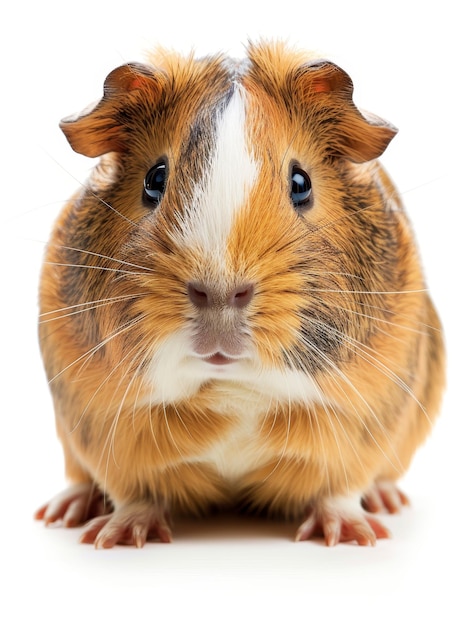 Closeup of a multicolored guinea pig looking forward with curiosity isolated on a white background