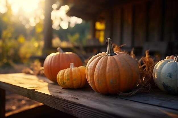 Photo closeup multicolored pumpkins of different sizes