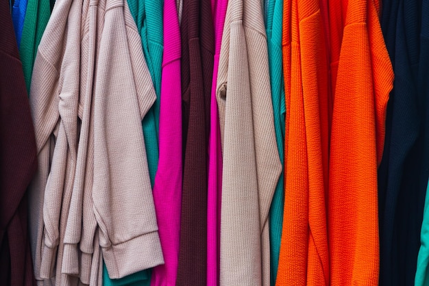 Closeup of multicolored towels of various sizes in a shop window