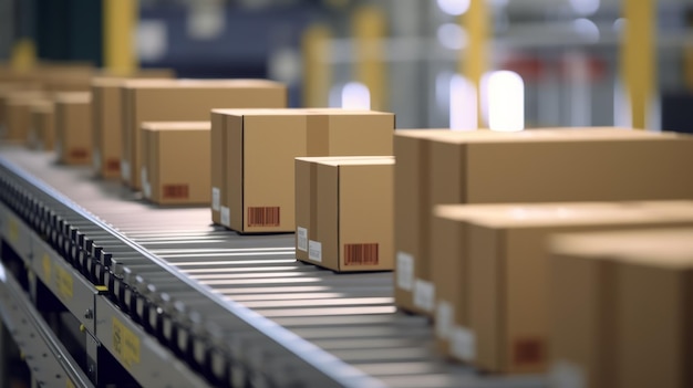 Closeup of multiple cardboard box packages moving along a conveyor belt in a warehouse