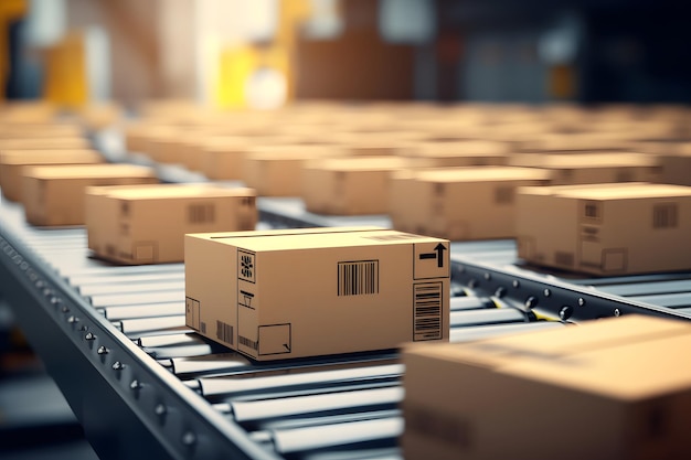 Closeup of multiple cardboard box packages seamlessly moving along a conveyor belt in a warehouse fu