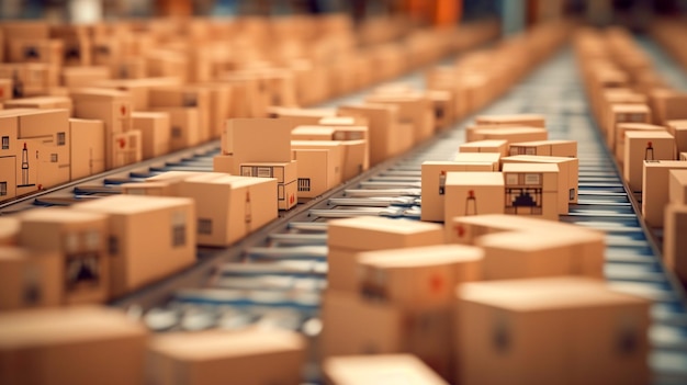 Крупный план нескольких упаковок из картонных коробок, плавно движущихся по конвейерной ленте в складском центре исполнения. Генерирующая иллюстрация ИИ