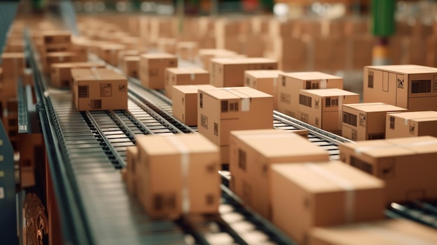 Крупный план нескольких упаковок из картонных коробок, плавно движущихся по конвейерной ленте в складском центре исполнения. Генерирующая иллюстрация ИИ