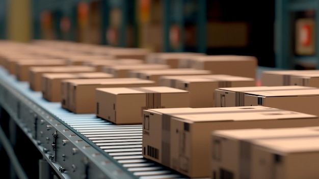 Closeup of multiple cardboard box packages seamlessly moving along a conveyor belt in a warehouse fulfillment center a snapshot of ecommerce delivery automation and products Generative AI illustrator