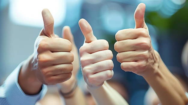 Closeup of Multiple Thumbs Up Gestures Signifying Approval and Positivity Blurred Background Enhancing Focus Ideal for Business and Teamwork Concepts AI