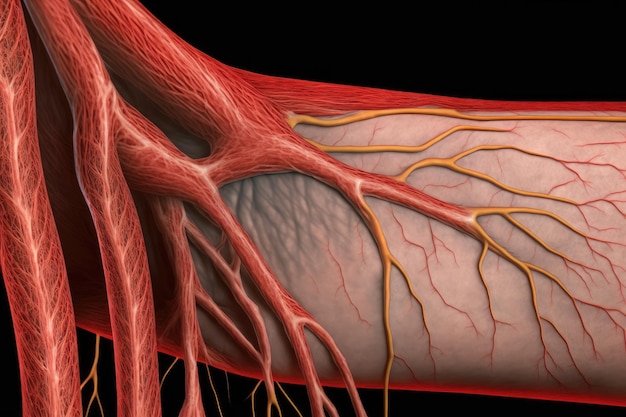Крупный план мышечных волокон руки с кровеносными сосудами и красным цветом, созданный с помощью генеративного ИИ