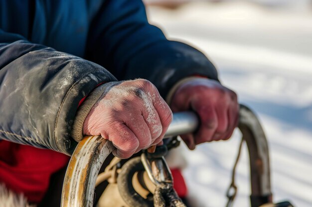 Photo closeup of mushers hands gripping sled handlebar