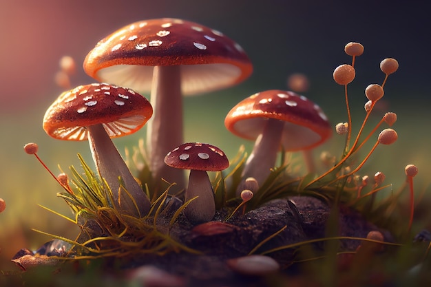 Closeup Of Mushrooms Growing On Field Generative Ai