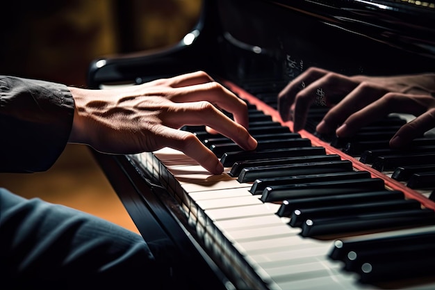 Photo closeup of a music performer's hand playing the piano