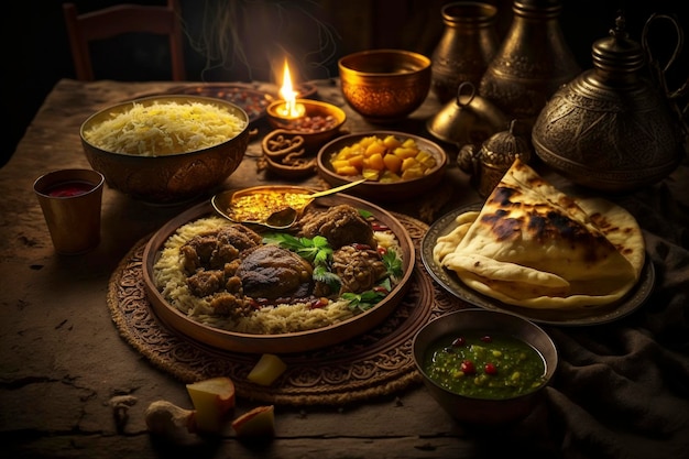 라마단 아이 생성식 식탁에서 저녁 식사 중에 아들 라파 빵을 건네주는 무슬림 아버지의 클로즈업