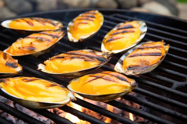 Closeup of mussel shells browning on a grill