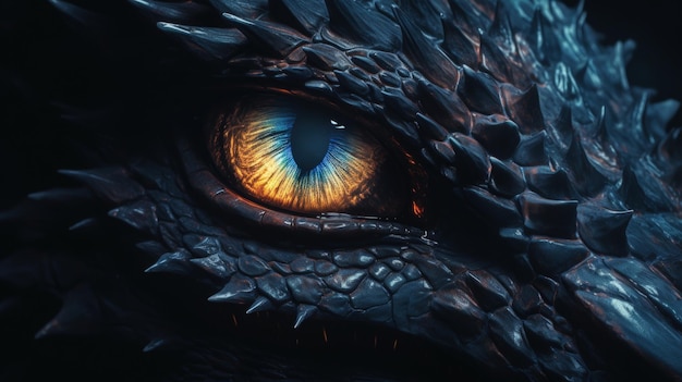 Близкий план таинственного глаза дракона дикая рептилия животное ИИ сгенерированное изображение