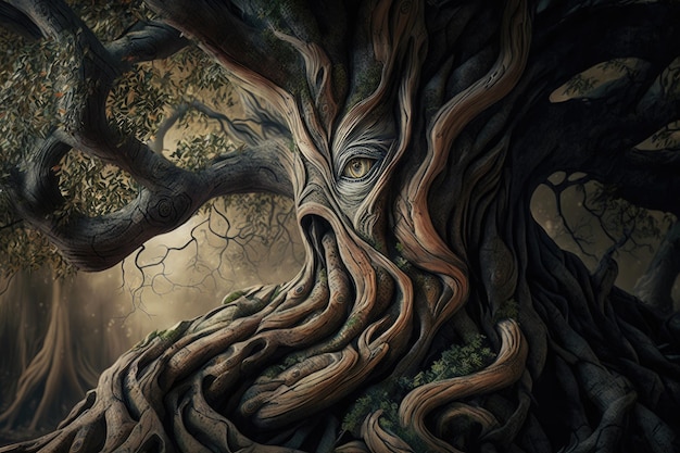 Closeup of mystical tree with intricate bark and foliage in foreground created with generative ai