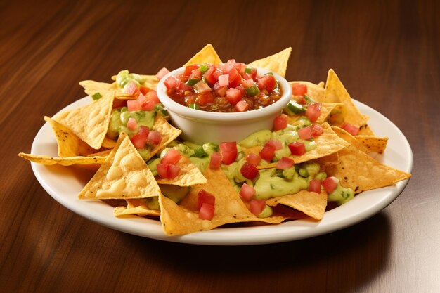 Foto close-up di nachos spruzzati di pomodori e cipolle a cubetti