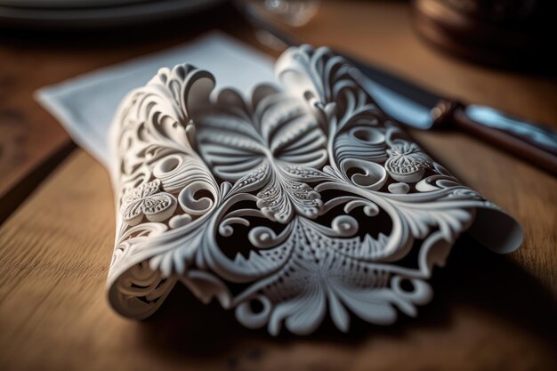 A closeup of a napkin placed on a wooden table with intricate carvings