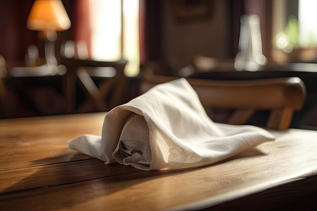 Closeup of napkin with the wooden table visible in the background